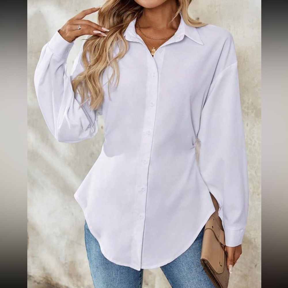 White Elegant Collared Clenched Waist Button Down Top - Picture 4 of 6